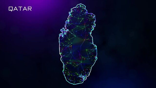 Futuristic Sweet Motion Reveal Qatar Map Polygonal Blue Purple Colorful Connected Lines And Dots Wireframe Network With Text On Hazy Flare Bokeh Background, Last 10 Seconds Seamless Loop
