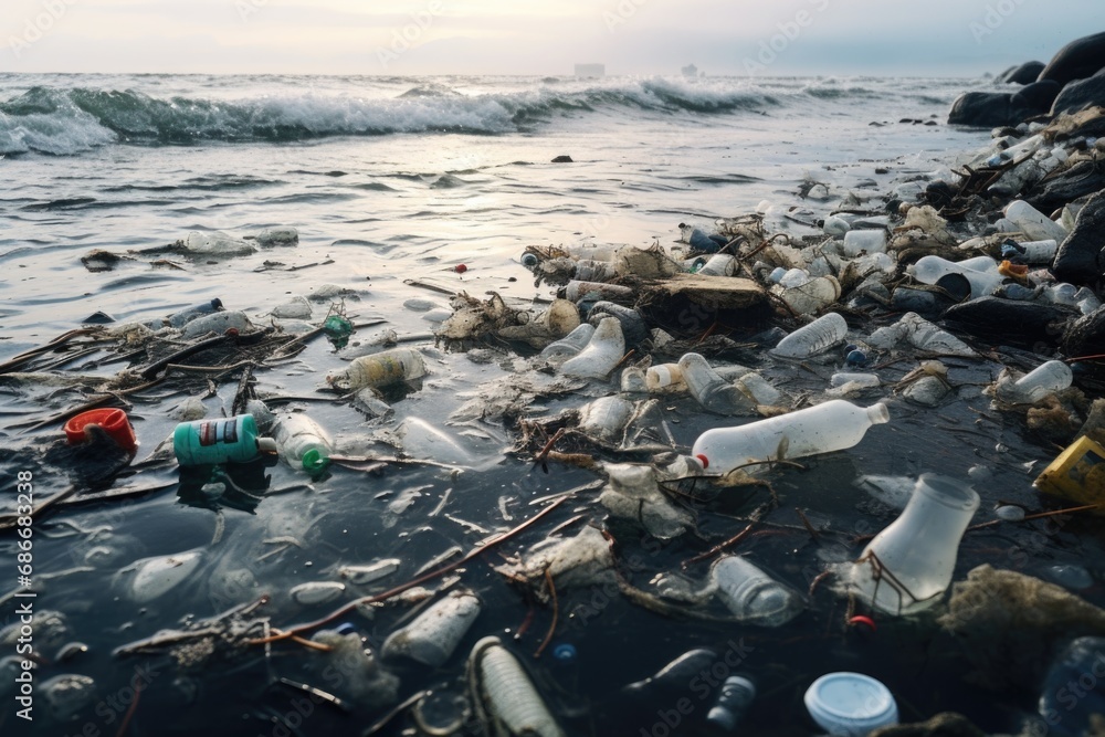 Aufkleber a beach covered in plastic bottles and trash. this image can be used to highlight the issue of pollu