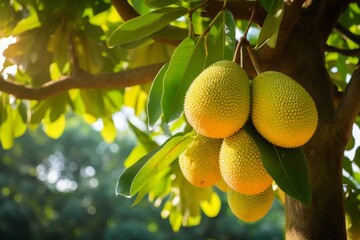 A ripe jackfruit suspended from a tree in a verdant tropical orchard, bathed in the glow of the sun