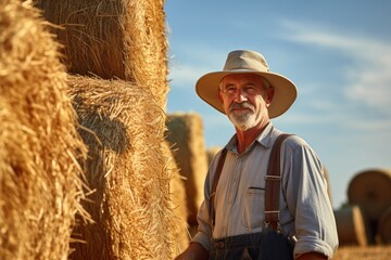 Farmer is standing beside bales of hay