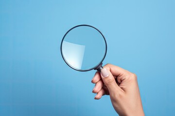 Female hand with magnifier on blue background