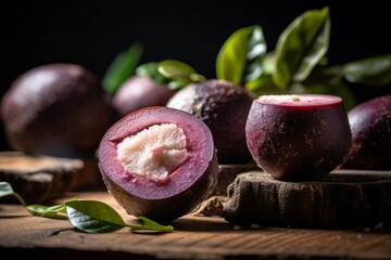 A detailed view of a sliced open Mangosteen showcasing its white flesh, with its vibrant rind and leaf on a wooden surface - obrazy, fototapety, plakaty