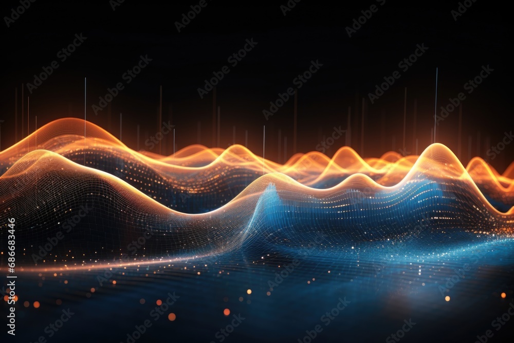 Poster a captivating image featuring a wave of glowing lines against a black background. perfect for adding
