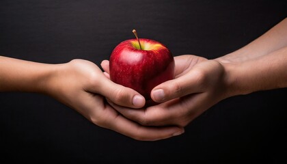 Two hands holding an apple with a black background