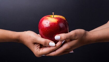 Two hands holding an apple with a black background