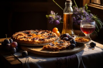 A traditional Quetsch feast: homemade tart, ripe fruits, and a warming schnapps on a country-style table - obrazy, fototapety, plakaty