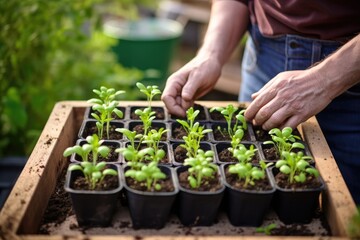 Gardener filling seedling trays with a soil