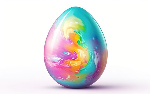 Happy Easter poster. Big colorful egg with marbling splashes isolated on white background. Watercolor style illustration, fluid art. Spring design for posters, greeting cards. AI Generative.