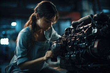 Fototapeta na wymiar A woman can be seen working on an engine in a garage. This image can be used to depict automotive repairs or DIY projects