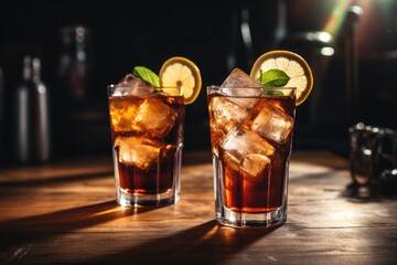 Glasses of cold Cuba Libre cocktail on table