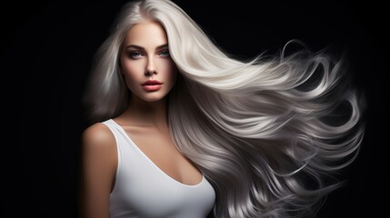 Fototapeta premium Glossy wavy white hair beautiful girl with long blond