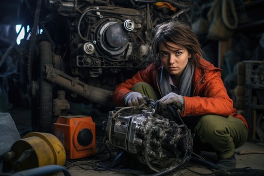 A woman is seen working on a car engine in a garage. This image can be used to depict automotive repairs or DIY car maintenance