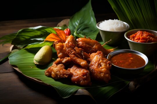 A detailed shot of Ukoy, the beloved Filipino shrimp fritters, served with a tangy vinegar dip on a banana leaf
