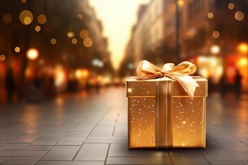 Golden gift box background blurred street