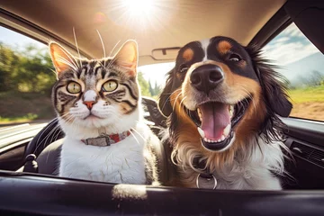 Tuinposter Happy dog and cat together in car, summer vocation © Tymofii