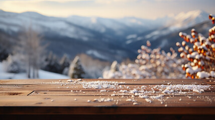 Empty wooden table with blurred background of winter.