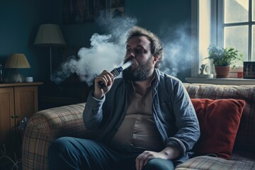 Man using asthma inhaler at home - obrazy, fototapety, plakaty