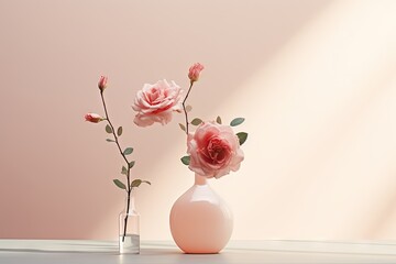 Pink rose in a pink vase on a pink background. Minimalistic modern still life with rose