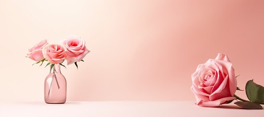 Pink rose in a pink vase on a pink background. Minimalistic modern still life with rose