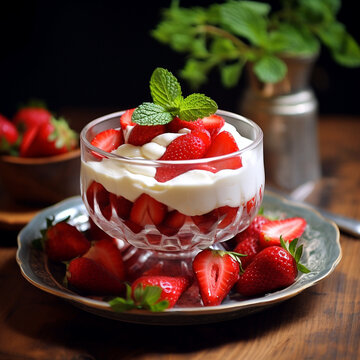 Strawberries with white cream, decorated with mint leaves - AI generated