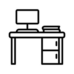 Vector linear workplace icon, desk with books for office storage, logo, office desk, lamp. Desk with desk lamp, office. Workplace. Training table