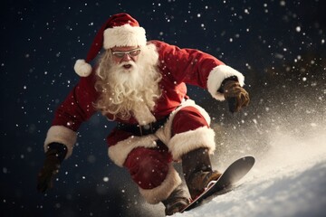 Santa on a snowboard in snow