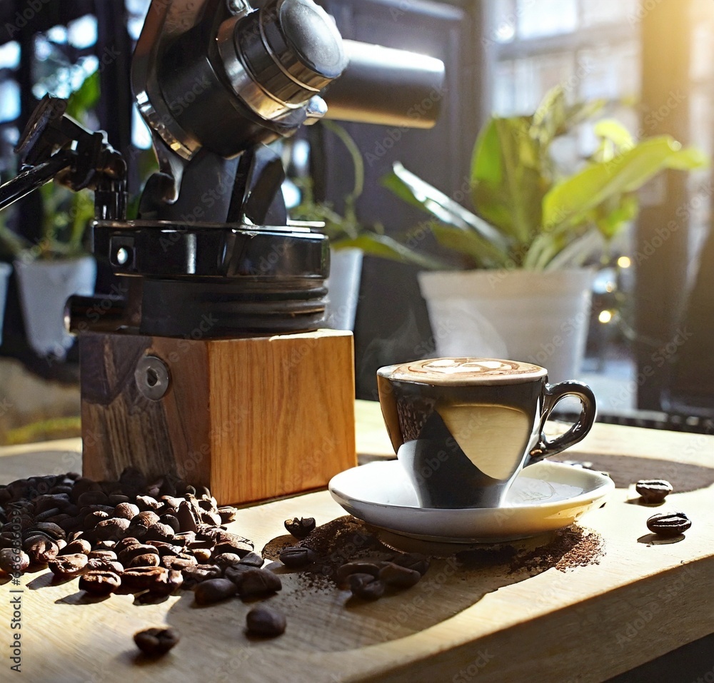 Wall mural Cup of coffee surrounded by coffee beans in a coffee shop