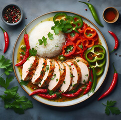 Baked turkey meat in spicy chilli pepper sauce and round shaped rice. Served with fresh red pepper, chilli and parsley, whole plate on table, top view.