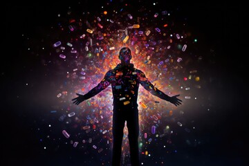 Pills and molecules floating around silhouette of man