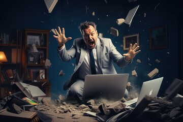 A angry businessman Throw a broken computer on the floor - obrazy, fototapety, plakaty