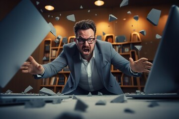 A angry businessman Throw a broken computer on the floor - obrazy, fototapety, plakaty