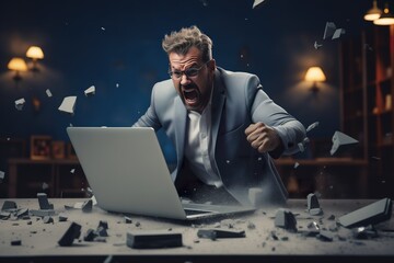A angry businessman Throw a broken computer on the floor - Powered by Adobe