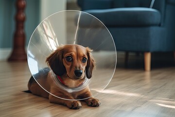 Sad dog in a vet cone at home - obrazy, fototapety, plakaty