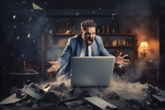 A angry businessman Throw a broken computer on the floor
