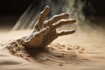Sand passes through hand, а hand comes out of the sand