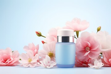 Obraz na płótnie Canvas Skin care mockup in pink blue colors cute flowers behind