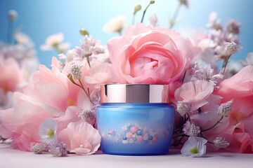 Skin care mockup in pink blue colors cute flowers behind