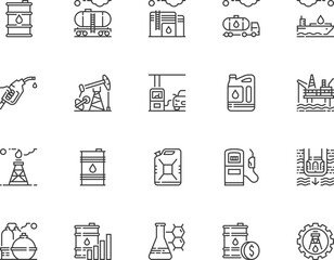 Сrude oil, industry, refining. Storage tank, oil production, filling station. 64x64 vector Line Icons Set. Editable Stroke. Pixel Perfect.