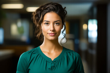 Woman with green shirt and pair of earrings. - Powered by Adobe