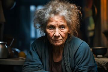 Old woman with messy hair looks at the camera.