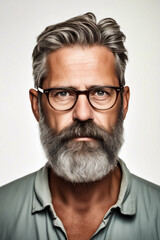 Man with beard and glasses on white background.