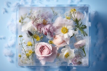 Spring flowers frozen in a box of ice on pastel blue