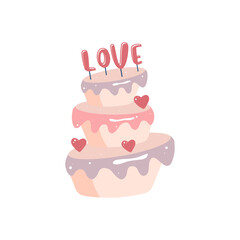 Cute vector love sticker cake. Valentines day cake with text love. Romantic vector icon pack pastel colors