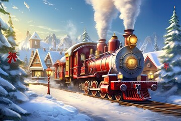 Christmas train drives through North Pole. 1800s steam locomotive in winter Landscape. Ai Generative - obrazy, fototapety, plakaty