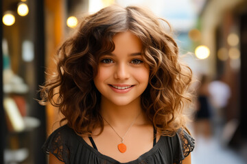 Young girl with necklace on her neck smiling. - obrazy, fototapety, plakaty