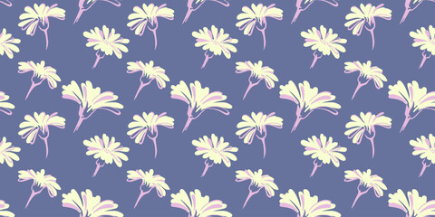 Retro summer pattern with creative simple buds flowers on a pastel blue background. Vector hand drawn sketch. Ditsy floral. Design for fashion, fabric, wallpaper.