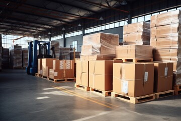 Warehouse center, Pallets with boxes in building