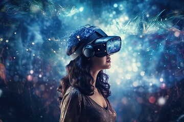 Woman wearing a virtual reality headset in dreamy