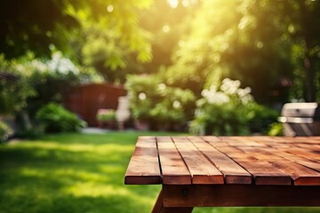 Wooden table summer time in backyard garden