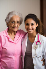 Doctora Latina con paciente mujer latina de edad avanzada interior de consultorio medico color rosa  - obrazy, fototapety, plakaty